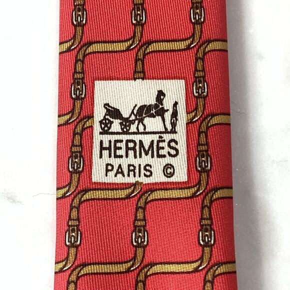 HERMES Tie Silk 55" x 3-1/8" Brown Belt on Red Necktie Neiman Marcus 7009 EUC - Picture 5 of 7